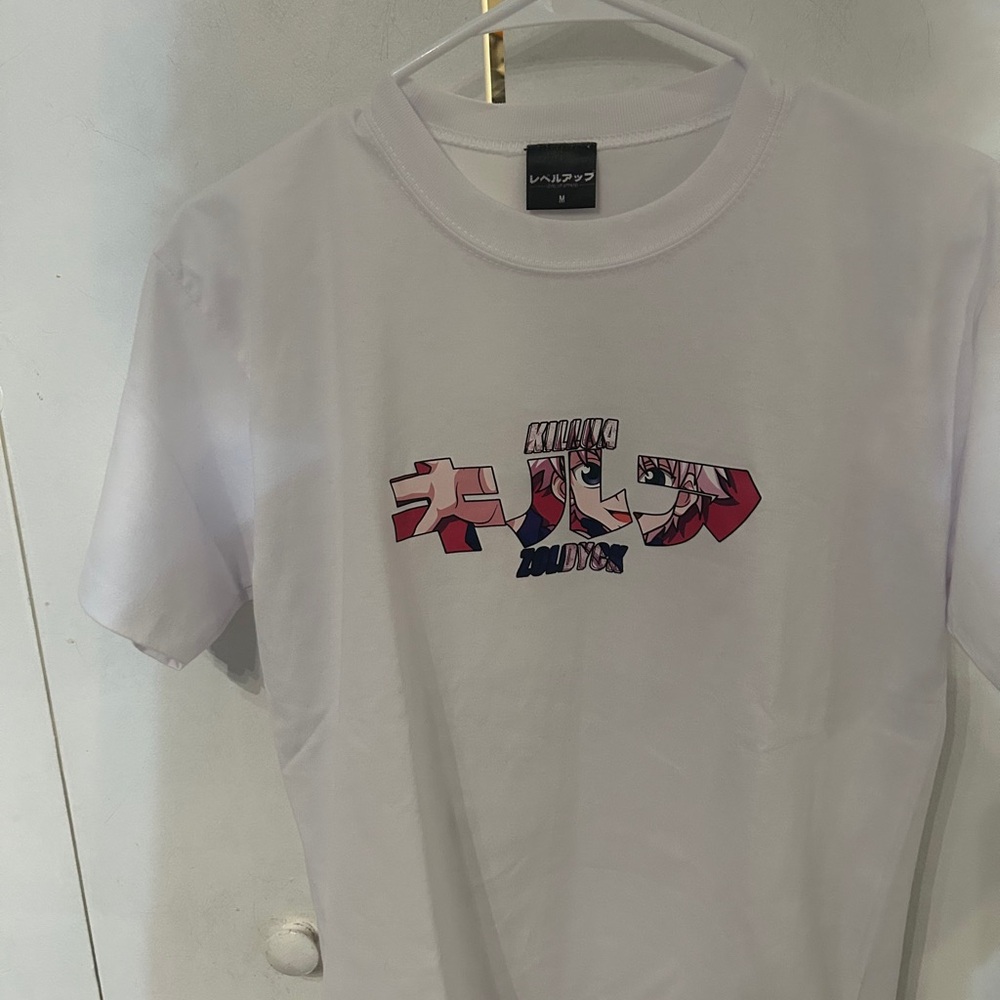White Graphic Short-Sleeve Tee with Pink & Blue Anime Print